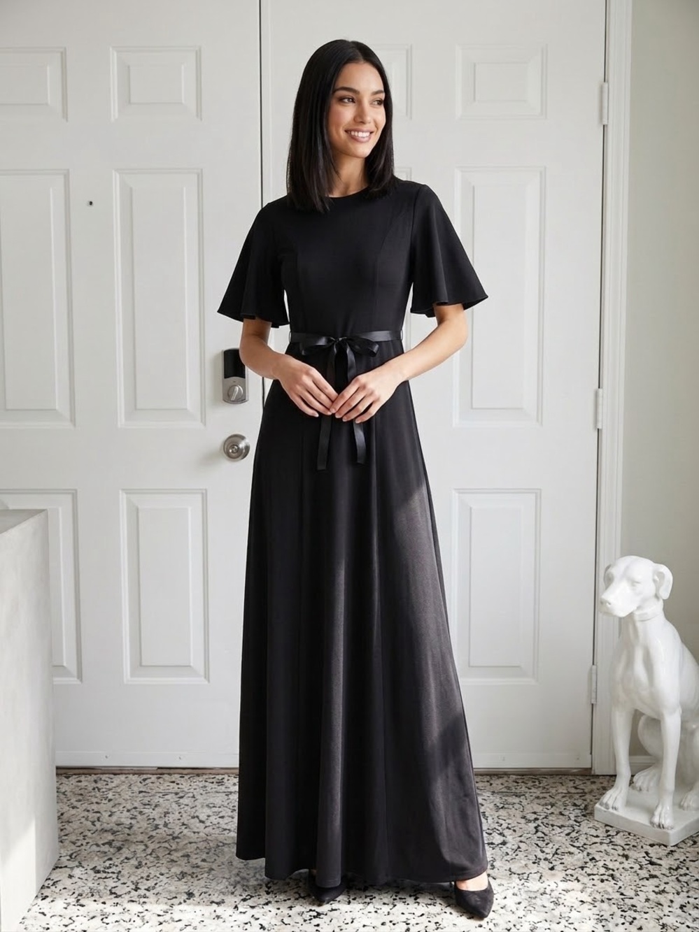 Elegant Black Maxi Dress with Satin Waist Tie